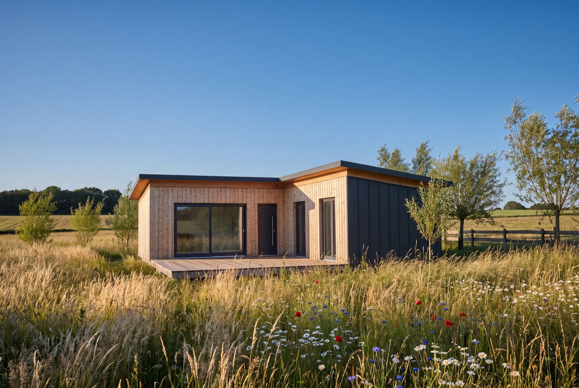 MOD 4 &mdash; vue g&eacute;n&eacute;rale, bardage bois et fa&ccedil;ade en t&ocirc;le anthracite
