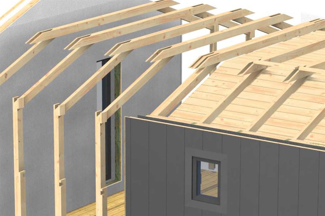 La charpente d'une maison modulaire Opercons, toit &agrave; fa&icirc;tage